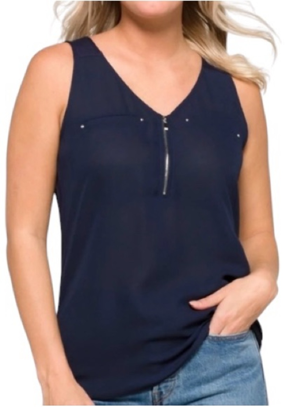 Fortune + Ivy Stitch Fix Lighton Navy V Neck Zip Accent Tank Blouse Size L